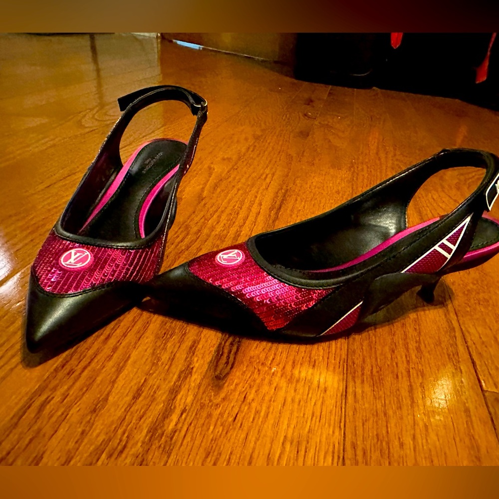 Louis Vuitton Archlight sling backs - glitter pink and black .
